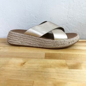 Fitflop Gold F-MODE Espadrille Metallic Leather Flatform Cross Slides‎ Size 8